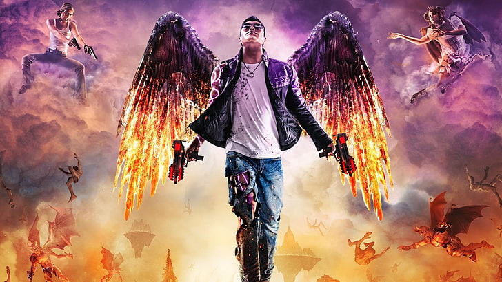 man with wings holding guns wallpaper, Saints Row, Saints Row: Gat out of Hell, video games, digital art, wings, fire, HD wallpaper