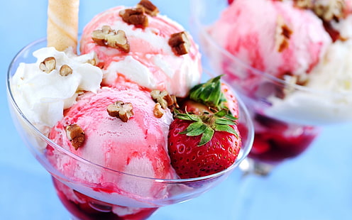 еда, мороженое, клубника, десерт, HD обои HD wallpaper