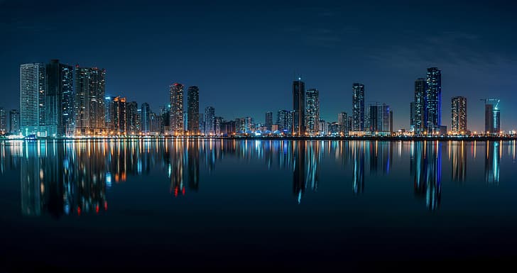 water, reflection, building, home, night city, skyscrapers, UAE, The Persian Gulf, Sharjah, Persian Gulf, HD wallpaper