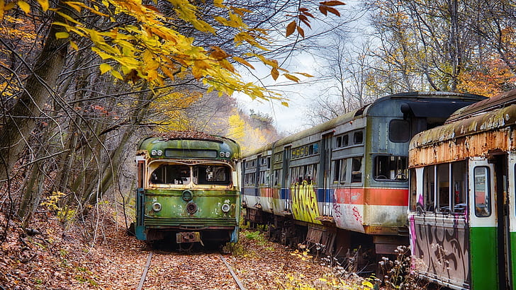 Abandonné, gare, Pennsylvanie, arbres, automne, abandonné, train, gare, Pennsylvanie, arbres, automne, Fond d'écran HD