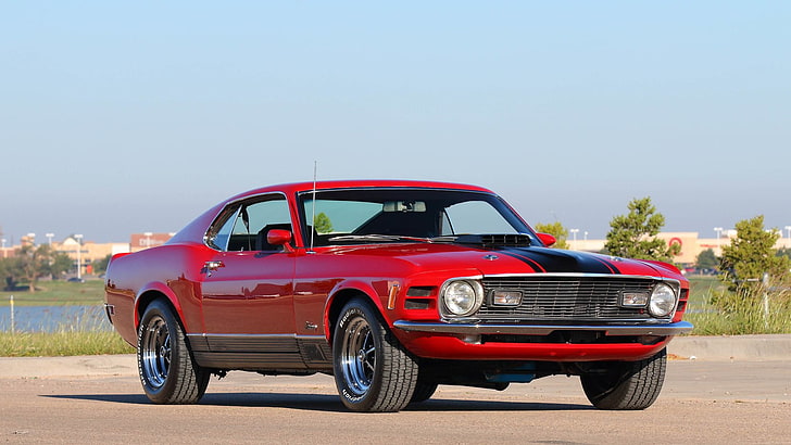 1970, cars, fastback, ford, mach-1, mustang, red, HD wallpaper