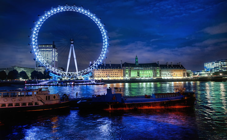 London Eye At Night, kapal putih dan coklat, Eropa, Inggris, Lampu, Malam, Sungai, Roda, Thames, Kapal, Londo Eye, Wallpaper HD