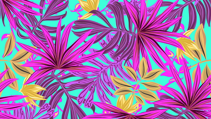 flower, flora, purple, pattern, floral design, flowering plant, tropical leaves, design, plant, leaf, art, HD wallpaper