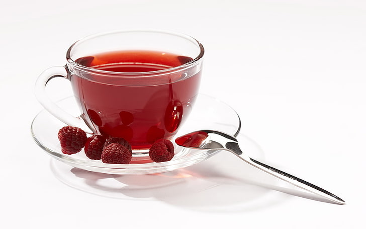 tasse à thé en verre transparent, framboise, thé, cuillère, Fond d'écran HD