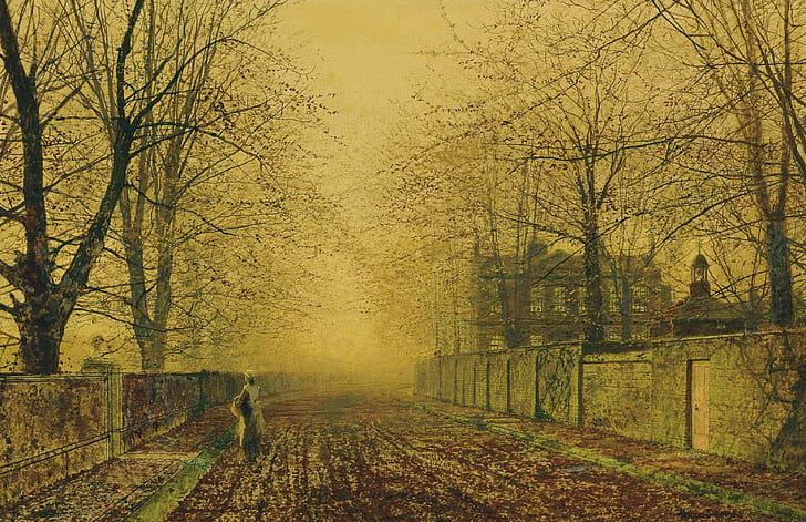 girl, trees, landscape, fog, house, street, the fence, picture, John Atkinson Grimshaw, Under The Beeches, HD wallpaper