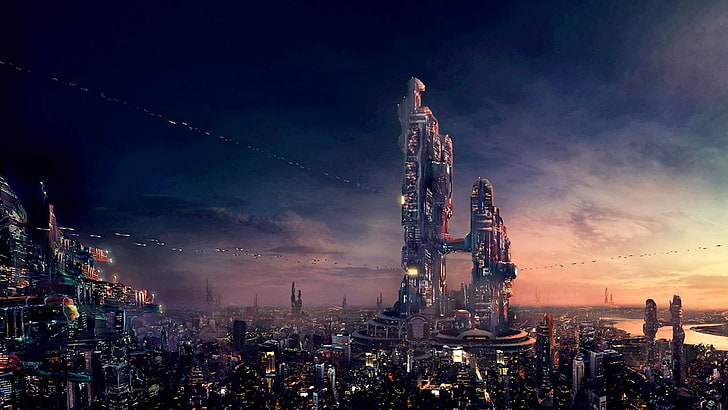 budowanie tapety cyfrowej, futurystyczne miasto, niebo, science fiction, dzieło sztuki, pejzaż miejski, sztuka cyfrowa, Tapety HD