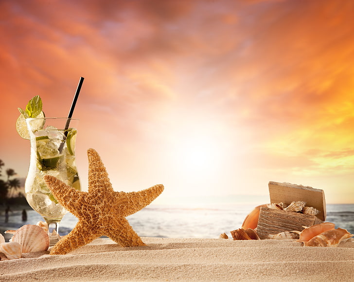 Добре дошли лято, море и плаж, сезони, лято, плаж, залез, пясък, морски звезди, релакс, празник, лятно време, коктейл, черупки, ваканция, напитка, морска звезда, HD тапет