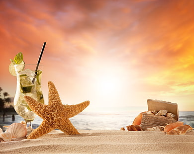 Bem-vindo verão, mar e praia, estações do ano, verão, praia, pôr do sol, areia, estrela do mar, relaxar, férias, verão, coquetel, conchas, férias, bebida, estrela do mar, HD papel de parede HD wallpaper