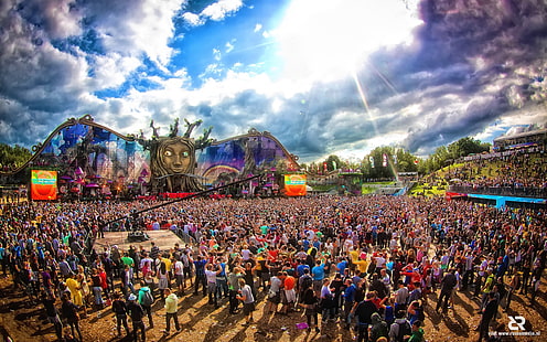 assorted-color shirt lot, Tomorrowland, crowds, concerts, sunlight, HD wallpaper HD wallpaper