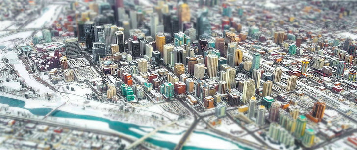 model bangunan bertingkat tinggi, foto udara dari cakrawala kota, ultra-lebar, fotografi, tilt shift, Wallpaper HD