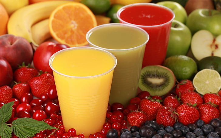 Fruits Juices, fruit, juice, kiwi, orange, strawberry, berries, apple, HD wallpaper