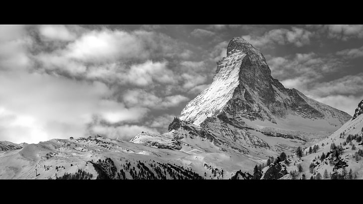 оттенки серого фото ледниковой горы, монохромный, горы, зима, снег, Маттерхорн, Швейцария, пейзаж, HD обои