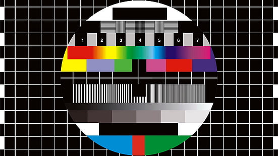 test card, digital art, monoscope, numbers, TV, black background, square, circle, grid, colorful, lines, test patterns, HD wallpaper HD wallpaper