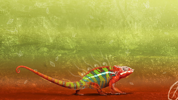 red and green chameleon, chameleons, reptiles, grunge, leaves, animals, HD wallpaper