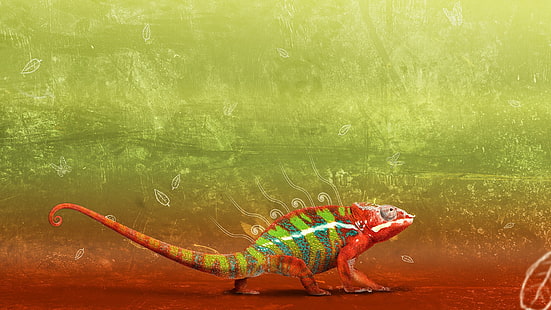 camaleón rojo y verde, camaleones, reptiles, grunge, hojas, animales, Fondo de pantalla HD HD wallpaper