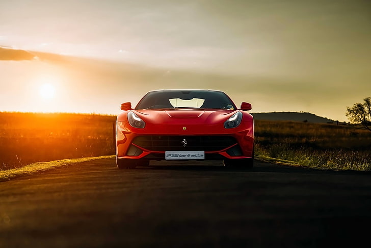 Ferrari, Red, Front, Sunset, Africa, South, Supercar, Berlinetta, F12, HD wallpaper