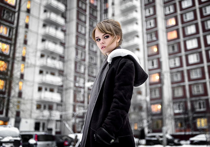 women's black pullover hoodie, the city, portrait, Nastya, Anastasia Shcheglova, HD wallpaper