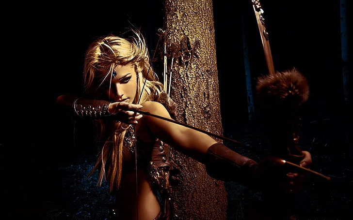 blonde hair woman digital art, bow, blonde, archer, archery, HD wallpaper