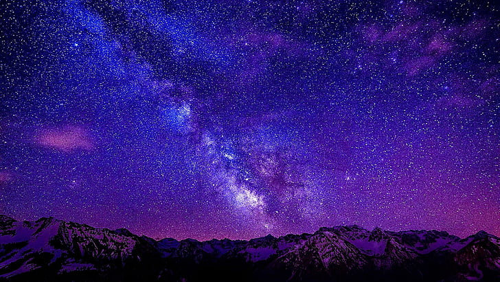 sky, purple, atmosphere, galaxy, night, starry night, starry sky, night sky, mountain range, milky way, stars, darkness, space, astronomy, mountain, HD wallpaper