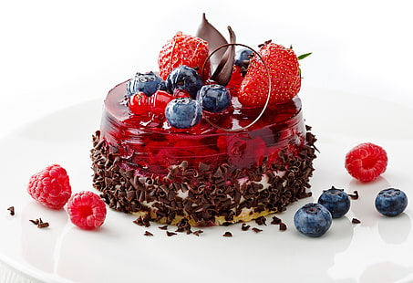 désert de framboises et de myrtilles, gelée, fraise, myrtille, chocolat, gâteau, dessert, Fond d'écran HD HD wallpaper