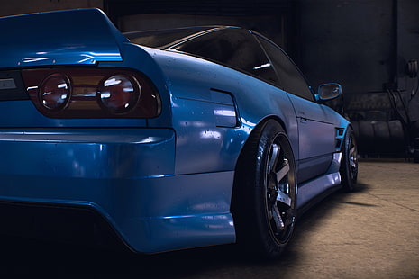 синьо купе, Need for Speed, 2015, видео игри, състезания, кола, Nissan, Nissan 180SX, Liberty Walk, Rocket Bunny, HD тапет HD wallpaper