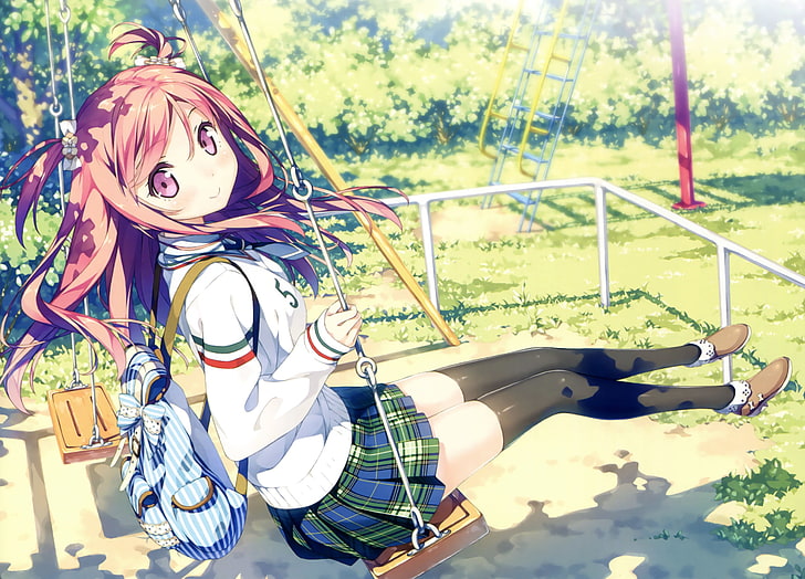 kurumi, anime girl, kantoku, swing, pink hair, grass, Anime, HD wallpaper