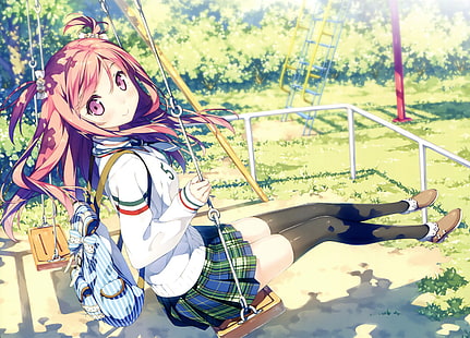 Kurumi, chica anime, kantoku, columpio, cabello rosado, hierba, anime, Fondo de pantalla HD HD wallpaper