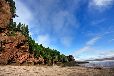 rock formations and pine trees under blue sky, Foot, Atlas, HDR, rock, formations, pine trees, blue sky, hopewell  cape  new  brunswick, nb, cloud, clouds, landscape, nature, wide  angle, wide-angle, high  dynamic  range, definition, green, yellow  blue, cyan, white, canada, grass, weather, scene, scenery, scenic, bay, fundy, low  tide, composite, stock  photo, photograph, picture, image, resource, travel, tourism, canadian, epic, myth, mythic, mythology, mythological, lore, legendary, scenics, outdoors, mountain, sky, rock - Object, blue, HD wallpaper HD wallpaper