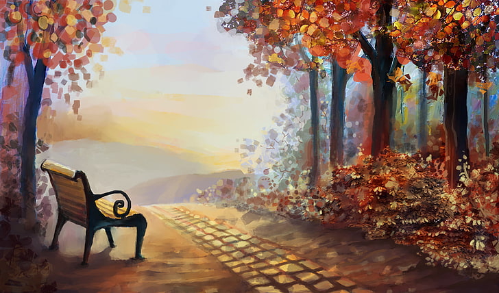 bench under tree painting, autumn, leaves, trees, landscape, nature, art, shop, painting, time of the year, HD wallpaper