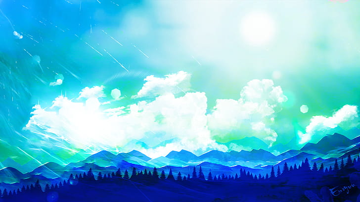 Cenário de anime de uma floresta com um caminho e um céu