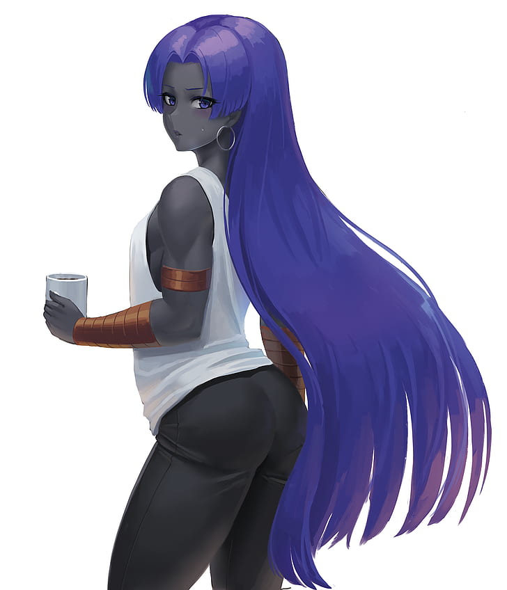 Fate Series, Fate / Zero, anime girls, cabelo comprido, decote, cabelo violeta, olhos violeta, camiseta branca, Assassin (Fate / Zero), xícara de café, fundo simples, bunda, HD papel de parede, papel de parede de celular