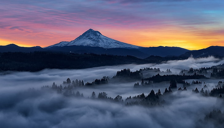 landscape, nature, mountains, mist, forest, snowy peak, sky, colorful, Oregon, HD wallpaper
