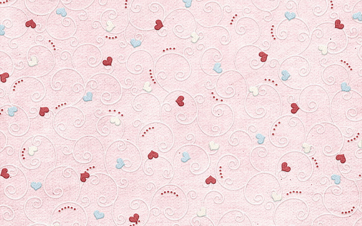 ilustrasi hati merah, putih, dan biru, ikal, titik, hati, latar belakang merah muda, Wallpaper HD