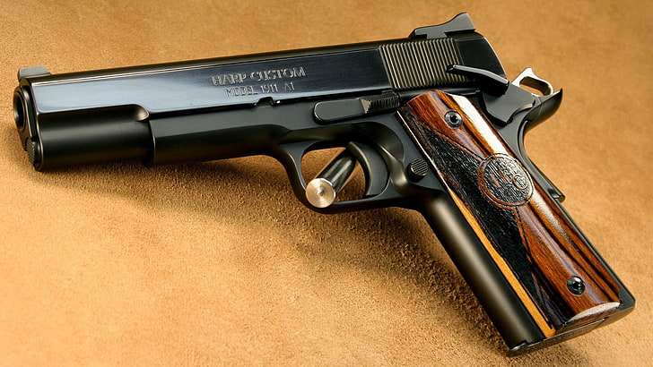 pistola semi-automática preta e marrom, Gun, Custom, 1911 Pistols, modelo, Harpa, 1911 A1), (Сolt, HD papel de parede