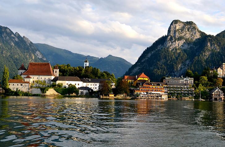 Salzkammergut, Австрия, ниска сграда, скали, Австрия, дървета, планини, къща, крайбрежие, Salzkammergut, езеро, HD тапет