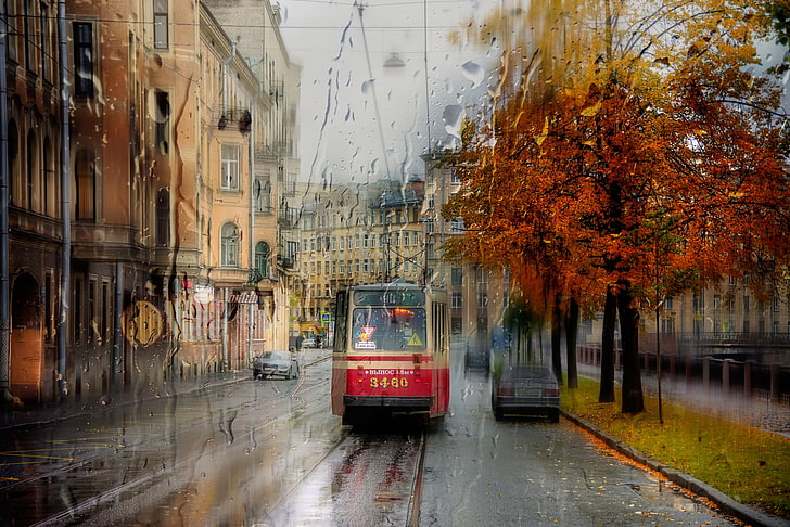 San Petersburgo, ciudad, paisaje urbano, tranvía, lluvia, Fondo de pantalla HD