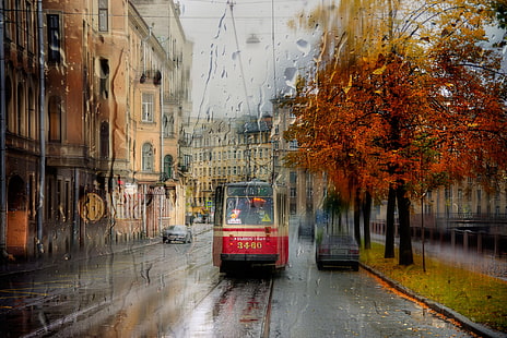 St. Petersburg, city, cityscape, tram, rain, HD wallpaper HD wallpaper