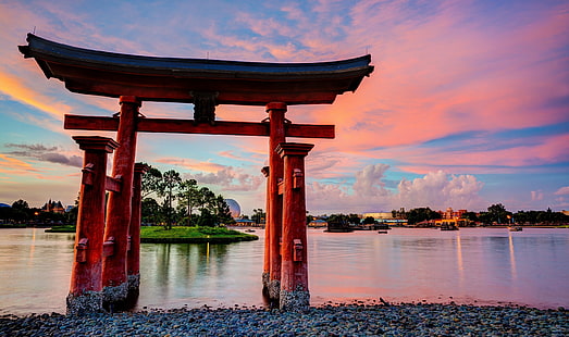 Torii gate, lake, gate, FL, torii, Florida, Walt Disney World, Bay Lake, Torii Gate, Disney world, HD wallpaper HD wallpaper