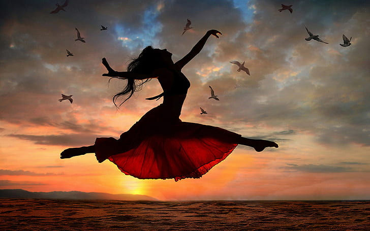 Sea Gulls Sunset Dancing Of The Girl Hd Wallpaper, Wallpaper HD