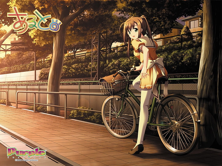 anime girls, schoolgirl, bicycle, HD wallpaper