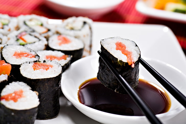 sushi, food, sticks, figure, sushi, rolls, Japanese cuisine, soy sauce, nori, HD wallpaper