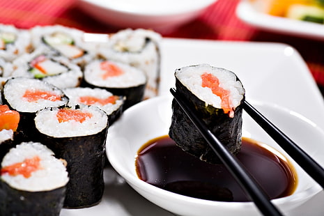 sushi, food, sticks, figure, sushi, rolls, Japanese cuisine, soy sauce, nori, HD wallpaper HD wallpaper