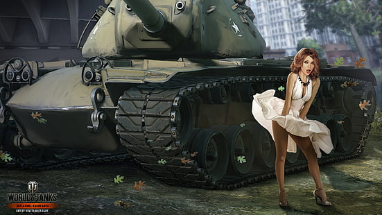 mulher de vestido branco foto, garota, saia, tanque, EUA, tanques, WoT, World of Tanks, Wargaming.Net, BigWorld, Nikita Bolyakov, HD papel de parede HD wallpaper