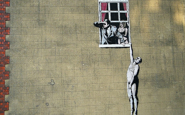 Banksy Graffiti Fensterwand HD, digital / Bildmaterial, Wand, Graffiti, Fenster, Banksy, HD-Hintergrundbild