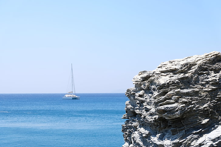 Greece, water, nature, catamaran, sailboats, HD wallpaper