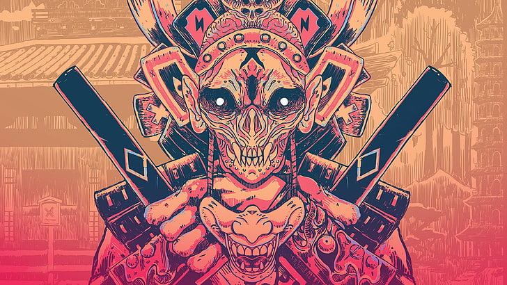 skull wearing cap illustration, digital art, samurai, mask, picture, artwork, beige, pink, demon, HD wallpaper