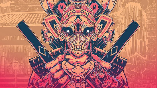 cráneo con gorra ilustración, arte digital, samurai, máscara, imagen, ilustración, beige, rosa, demonio, Fondo de pantalla HD HD wallpaper