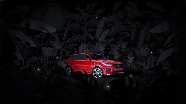 coche, vehículo, Jaguar E-Pace, selva, autos rojos, Fondo de pantalla HD