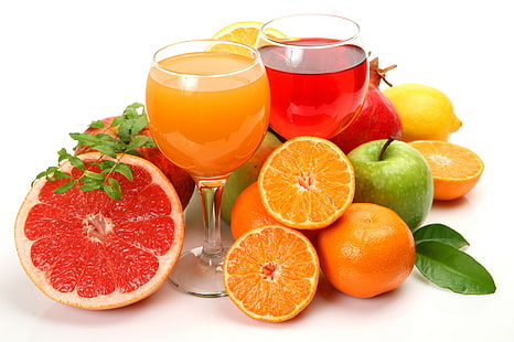 грейпфрут и прозрачни чаши за вино, лимон, ябълки, портокали, плодове, цитрусови плодове, грейпфрут, гранат, сокове, HD тапет HD wallpaper