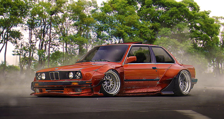 red BMW E30 coupe, BMW, Red, Tuning, Future, E30, Stance, by Khyzyl Saleem, HD wallpaper